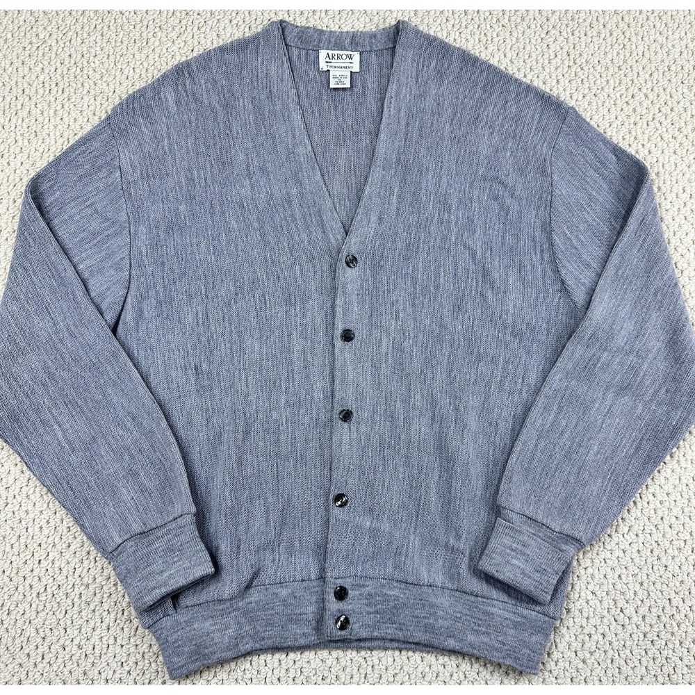 Vtg Arrow Tournament Sweater Mens XL Heathered Gray Knit Cardigan Grandpa USA